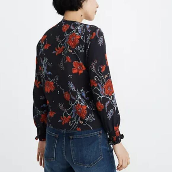 Madewell Silk Smocked-Sleeve Dark Floral Print Wrap Top - Picture 3 of 7